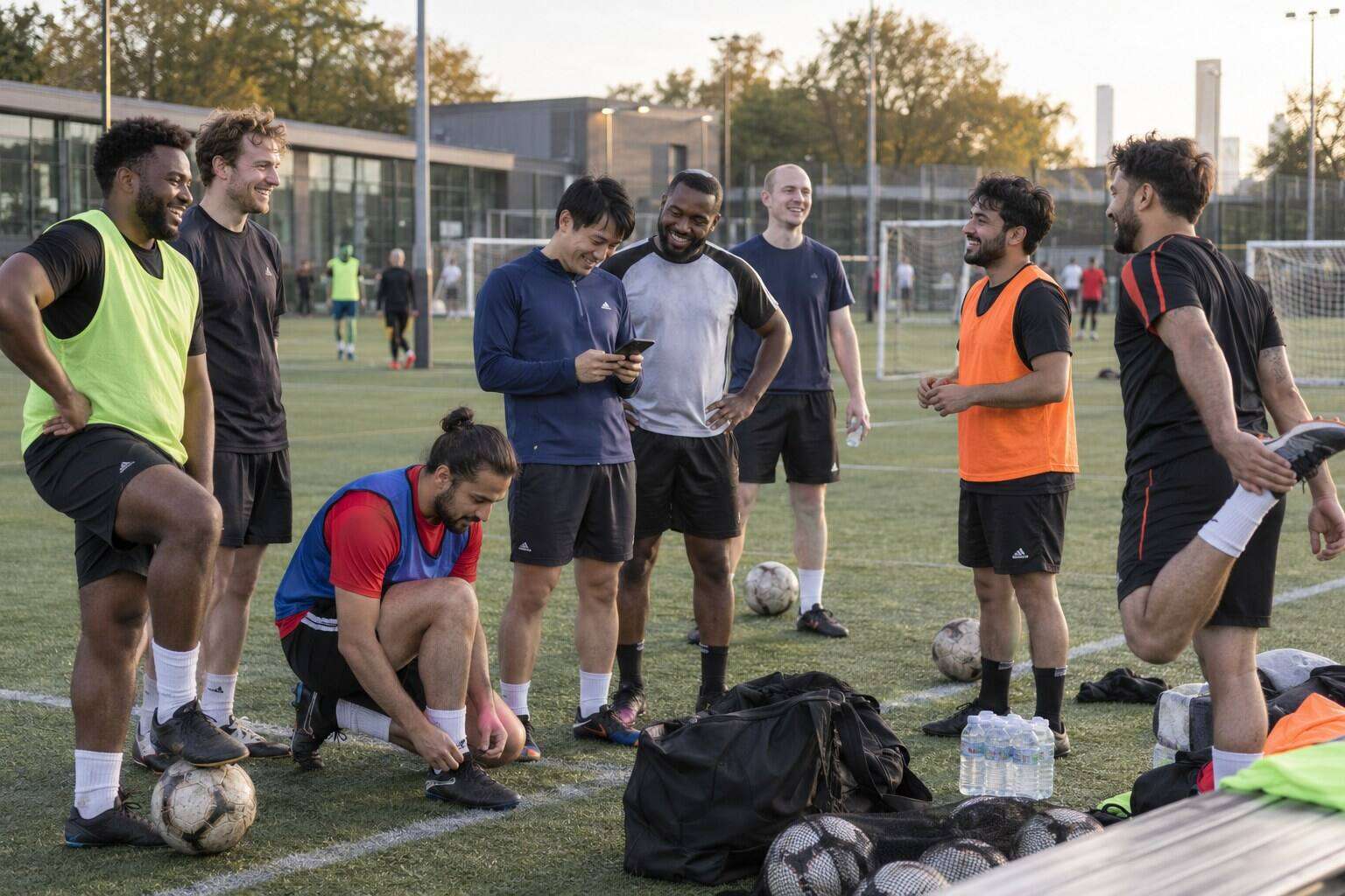 Huit joueurs amateurs réunis au bord d’un terrain synthétique avant le match